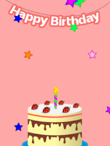 Happy Birthday GIF:Pink birthday GIF with a cream cake and stars