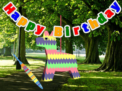 Pinata birthday gif with animated candy and a birthday banner and name to customize.
