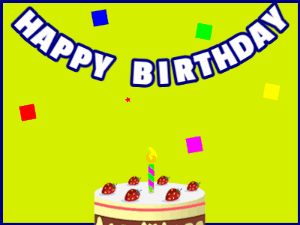 Happy Birthday GIF:A cream cake on green with blue border & falling squares