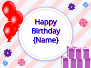 Happy Birthday GIF:red Balloons, purple gift boxes, blue text