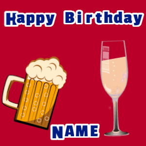 Happy Birthday GIF:Birthday gif, mug & champagne, flares fireworks, cursive text on red