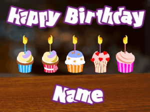 Happy Birthday GIF:Cupcakes for Birthday,bar top background,white & purple text