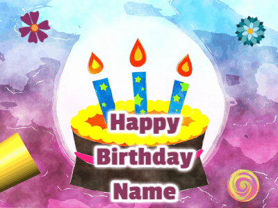 Customize name and greeting of this birthday gif with a watercolor birthday cake and animated horn blowing confetti.