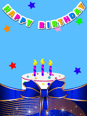 A blue confetti birthday animated gif with a birthday cake and candles, and birthday banner you can customize with name.