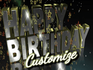 Birthday celebration animated gif with a silvery gold design, falling star confetti, and a name you can customize.