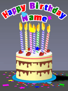 Cartoon style animated birthday cake gif with flickering candles, balloons, and stars. Customize the name banner.