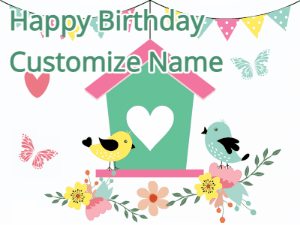 A lovely animated birthday gif with hearts and glitter and cute birds on a birdhouse. Customize the birthday greeting.