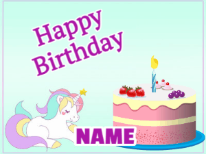 Cute unicorn birthday card gif with a paper airplane flying into a cake and animated stars and text to customize.