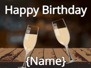 Happy Birthday GIF:Birthday cheers with champagne & champagne & hearts on bar