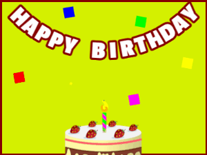 Happy Birthday GIF:A cream cake on green with red border & falling squares