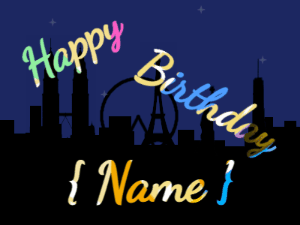 Happy Birthday GIF:City fireworks of sparks. Fonts block & cursive, & a party colors texture