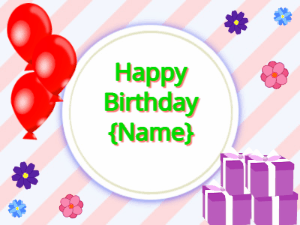 Happy Birthday GIF:red Balloons, purple gift boxes, green text
