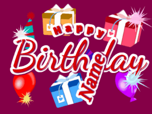 Happy birthday gif with banner and name to customize, red, balloons, sparkles, and party hats.