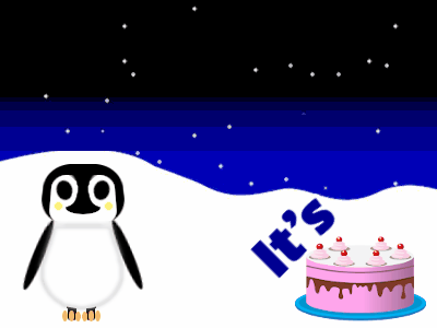 Happy Birthday, birthday-3730 @ Editable GIFs,Penguin: pink cake,yellow text,% 3 fireworks