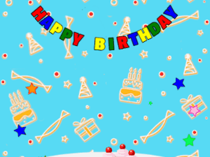 Happy Birthday GIF:fruity Cake, flying stars on a blue decor background