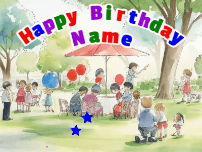 A nice kids birthday party outside with balloon. Animated happy birthday gif with name to customize banner.