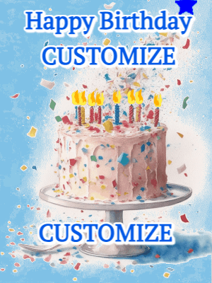 Baby blue birthday gif with animated birthday candles, cake, and falling confetti. Customize 3 lines of text.