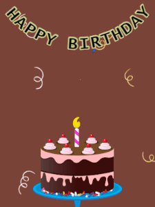 Happy Birthday GIF:Birthday GIF,chocolate cake,brown background,hearts & confetti