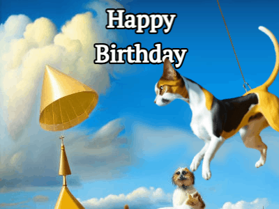A silly Dali inspired birthday gif greeting with a swinging cat, onlooking dog, birthday cakes, name to cusotmize.