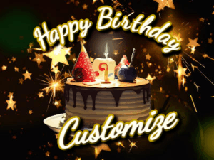Bursting stars fall past a birthday cake in this animated birthday gif with name you can customize. Dark background.