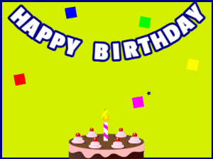 Happy Birthday GIF:A chocolate cake on green with blue border & falling hearts