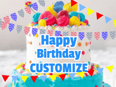 A birthday cake animated gif with bursting confetti, animated text to customize, on a bright banner background.