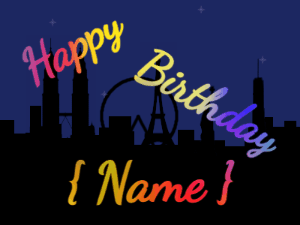 Happy Birthday GIF:City fireworks of beads. Fonts block & cursive, & a rainbow texture