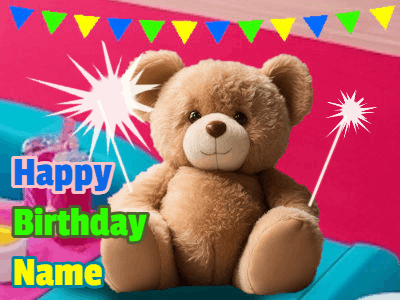 A cute birthday teddy bear animated birthday gif with the bear holding sparklers and text to customize.