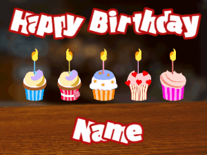 Happy Birthday GIF:Cupcakes for Birthday,bar top background,white & red text