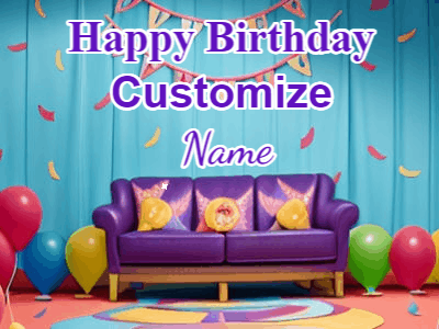 Animated gif happy birthday with 3 rings of fireworks in front of a party room sofa. Customize it.