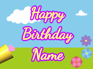 Happy Birthday GIF:Horn, hearts, meadow, cursive, yellow, purple