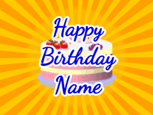 Happy Birthday GIF:yellow sunburst,fruity cake, blue text