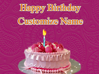 Strawberry birthday cake gif animated with sparklers over a paisley background with flickering birthday candle.