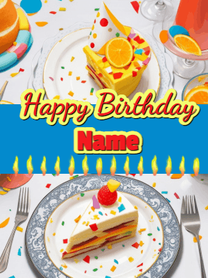 Happy Birthday GIF showing a birthday cake place setting with a row of candles under a 2 line banner to customize.