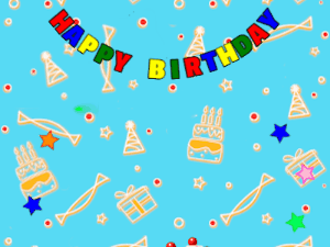 Happy Birthday GIF:fruity Cake, flying flares on a blue decor background