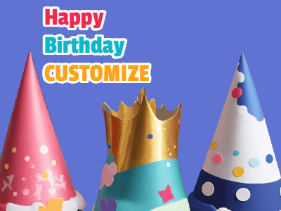 Animated happy birthday gif with showing 3 party hats and confetti bursting over them.