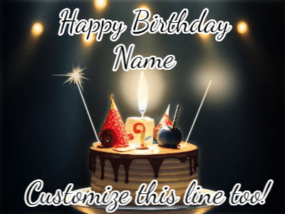 Animated birthday cake gif with sparklers on a dark background. Personalize up to 3 lines of text.