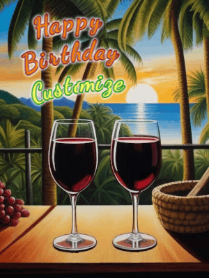 Birthday animated gif of 2 glasses of wine overlooking a tropical dusk as a birthday greeting appears.
