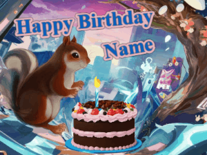 Happy Birthday GIF:Cute Squirrel with Birthday Cake