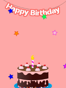 Happy Birthday GIF:Pink birthday GIF with a chocolate cake and hearts
