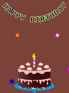 Happy Birthday GIF:Birthday GIF,chocolate cake,brown background,hearts & stars
