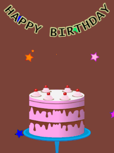 Happy Birthday GIF:Birthday GIF,pink cake,brown background,hearts & stars