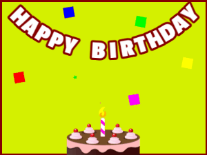 Happy Birthday GIF:A chocolate cake on green with red border & falling hearts