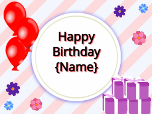 Happy Birthday GIF:red Balloons, purple gift boxes, black text