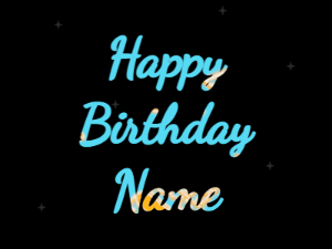 Happy Birthday GIF:colored fireworks,pink cake, block font, blue animation
