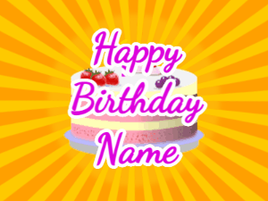 Happy Birthday GIF:yellow sunburst,fruity cake, purple text