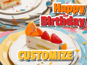 A very orange happy birthday card gif with popping out confetti showing a slice of birthday cake and customizable name.
