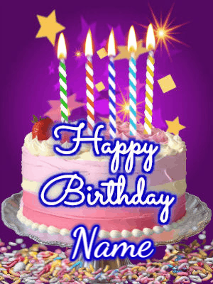 Happy birthday animated gif of a brightly lit birthday cake, birthday candles, and falling confetti. Customize name.