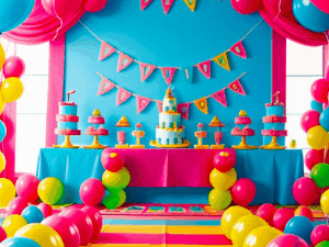 A fun birthday card with a party room, balloons, birthday cake and many smiling faces. Customize it.