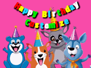 Four cute cartoon animal friends excited to be on this happy birthday gif that's ready to customize.
